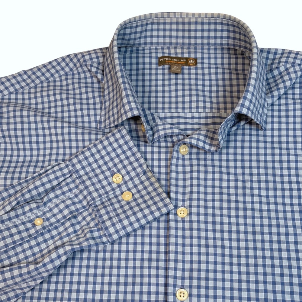 Peter Millar Summer Comfort Mens XL Blue Gingham Performance Button Up Shirt